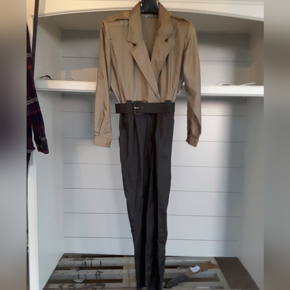 Westbound Two-Tone Tan and Black Jumpsuit with Belt